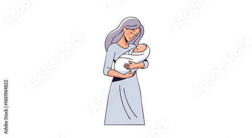 Serene Motherhood Depiction: A Delicate Representation of Maternal Love and Newborn Connection, Evoking a Sense of Peaceful Nurturing and Devotion