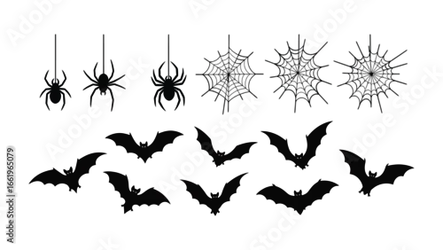 Fototapeta samoprzylepna Halloween-themed decorations: A collection of intricate silhouettes of spider, spider web and bat decorations for use during the halloween holiday 