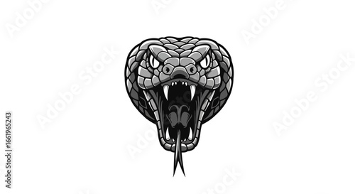 Fierce snake head with fangs in monochrome style on white background