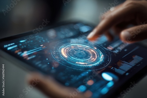 Exploring innovative technology with a hand interacting with a glowing interface on a tablet device