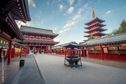 Wide-angle view of Sensō-ji Temple in Tokyo at dawn, showing its majestic architecture under soft morning light, capturing tradition, spirituality, and the grandeur of Japan’s oldest temple.