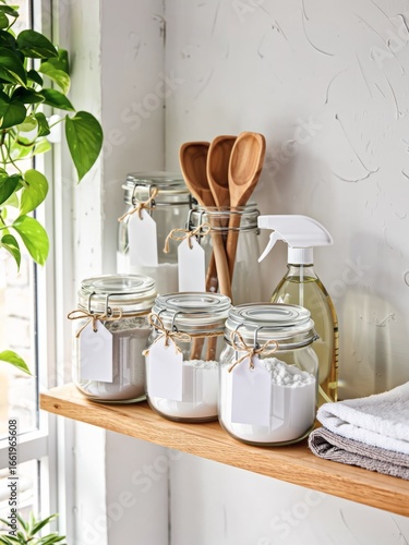 A tidy laundry room shelf featuring a home refill station: clear glass jars filled with powdered detergent and liquid soap