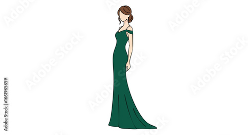 Elegant woman in a green gown illustrating timeless grace and stylish design that capture the charm of evening wear with refined sophistication
