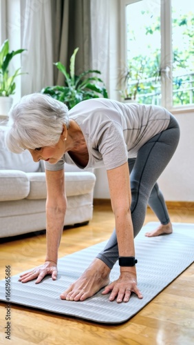 A grey-haired senior woman wearing comfortable workout clothes performs a yoga stretch on a mat in her living room