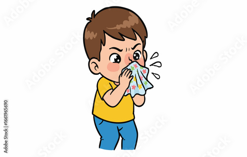 Vector Cartoon boy with a cold sneezing into a tissue, illustration of illness and allergies