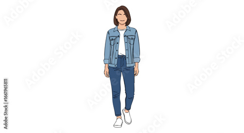 Stylized depiction of a woman in denim attire, embodying modern fashion and casual elegance in a minimalist composition
