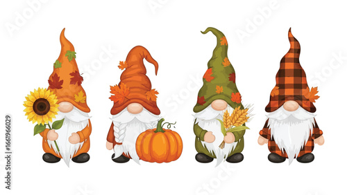 Autumn Gnomes Gathering: Charming garden gnomes celebrate the fall season, adorned in festive hats and holding seasonal items, creating a cozy autumn scene.