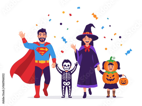 Halloween family in costume: A happy family in their Halloween costumes cheerfully celebrate a holiday. Perfect for conveying themes of joy, fun, and celebration.