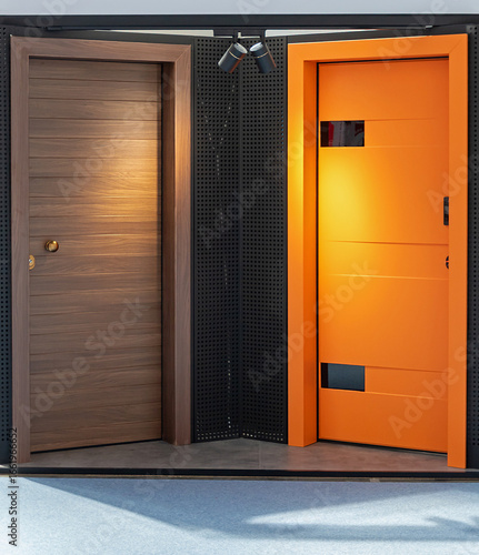 Modern closed doors inside building interior hall