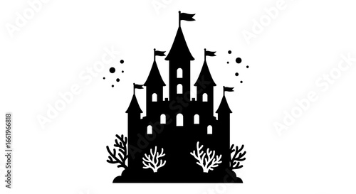 Majestic silhouette fairy tale castle with flags and towers