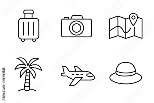 Travel icons set with editable stroke. Outline vector of suitcase, camera, map, palm tree, airplane and hat. Minimal line symbols for vacation, trip, tourism, holiday and journey design.