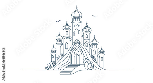 Mystical linear arabian palace in fantasy landscape with towers and domes