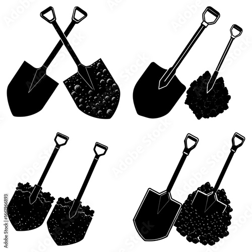 Illustration showing multiple shovels with and without soil in a black and white design style image