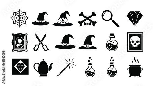 Mystical Icons: An enchanting assembly of illustrated icons, encompassing mystical symbols such as hats, potions, diamonds, and other mystical elements, perfect for themes of magic, Halloween.