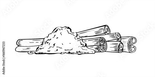 Pile of ground cinnamon and whole cinnamon sticks monochrome vector isolated illustration. Scented seasoning for tea masala, food, Xmas drink. Organic ingredient for cooking of winter recipe
