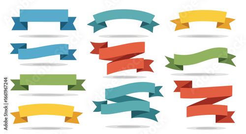 Colorful flat ribbon banners vector illustration collection designed for promotional graphic elements with elegant shapes and shadows for web projects