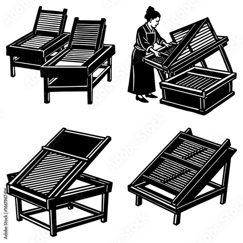 Illustration showing a woman making paper with wooden frames and drying racks in a vintage style
