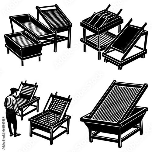 Illustration of various wooden fruit and vegetable display stands with a person standing nearby in black and white
