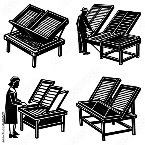 Four illustrations showing people using drying racks for food preservation and preparation methods