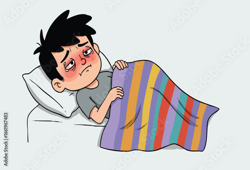 Vector Sick Boy Resting in Bed Cartoon Illustration