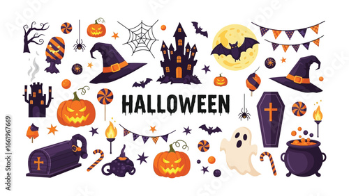 Halloween Spooktacular: A vivid collection of spooky icons comes alive in a vibrant design, creating a mesmerizing ensemble of Halloween emblems. 