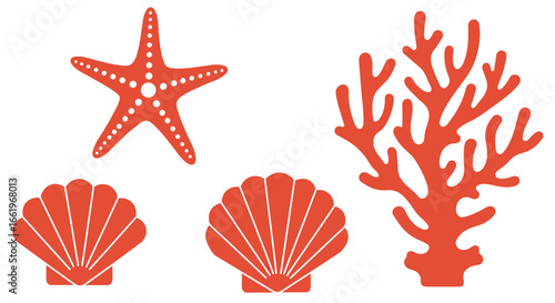 Coastal elements: starfish, coral, and seashells in bold flat design