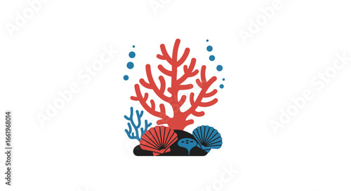 Colorful coral reef with seashells and bubbles in flat design