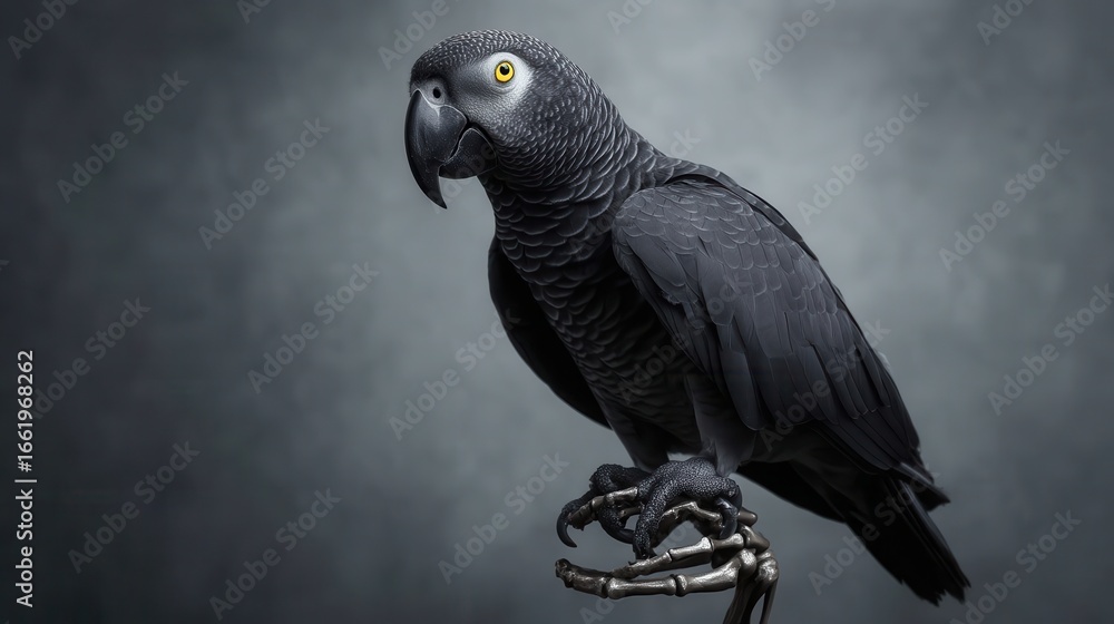 Obraz premium Halloween Exotic Animals Concept. Black parrot perched against a dark background.