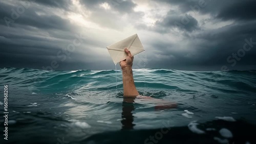 Hand holding envelope message struggles to survive in stormy ocean waves symbolizing urgent news delivery and communication challenges
