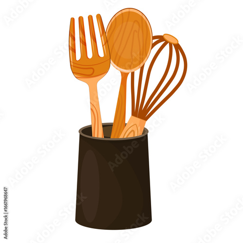kitchen utensils made of wood without background