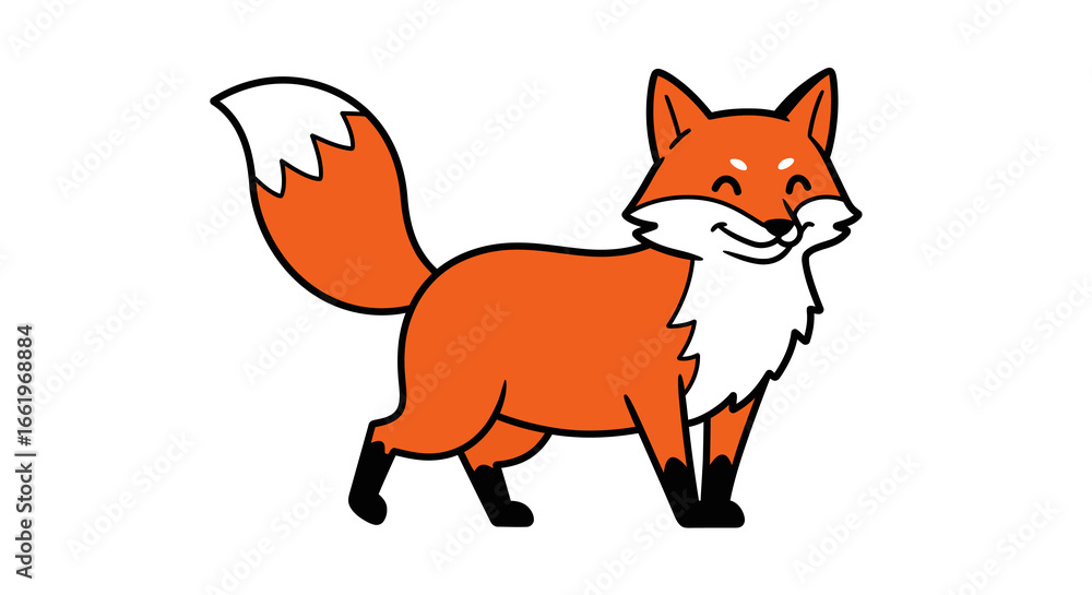 Obraz premium Cute cartoon fox with orange fur and bushy tail on white background
