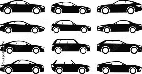 Black silhouette vector set of twelve different car models, sedan, SUV, hatchback, coupe, convertible, automotive design icons, side profile view