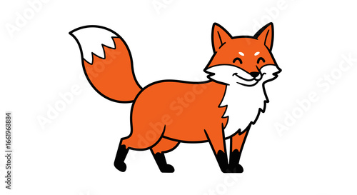 Cute cartoon fox with orange fur and bushy tail on white background