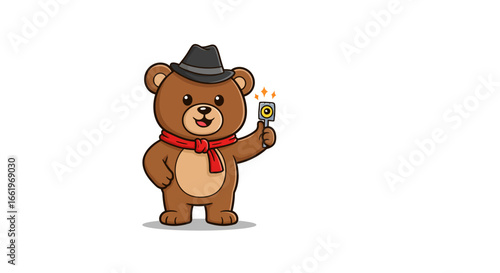 Cute bear with a hat and scarf holding a camera in cartoon style