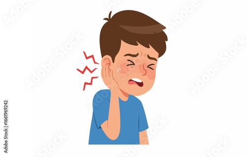 Vector Illustration of a boy experiencing ear pain with a distressed expression and hand touching his ear