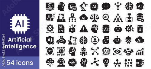 Artificial intelligence (AI) icon set for technology, with robot, brain, and machine learning symbols for data science, automation, and futuristic concepts.

