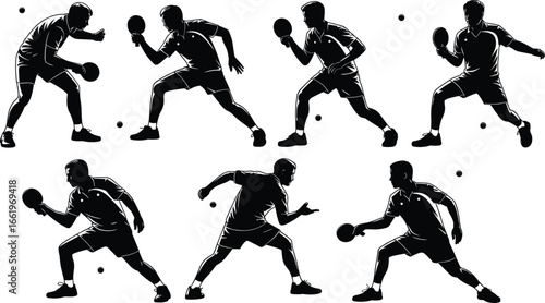 Table tennis player silhouettes in dynamic action poses, paddle sport vector illustration, competitive ping pong match concept, isolated black athlete figures, white background