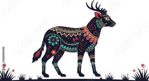 Colorful ornate deer with tribal patterns on white background
