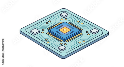 Illustration of an isometric processor with circuit pathways embodying futuristic technology and artificial intelligence concept in detailed graphic