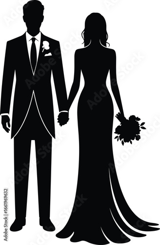 Elegant wedding couple silhouette, bride in flowing gown holding bouquet, groom in suit with boutonniere, romantic marriage vector, black and white illustration