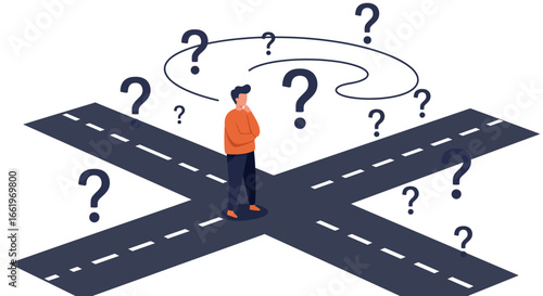 Confused man at crossroads: decision making and uncertainty concept