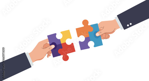 Collaborative effort concept with hands connecting colorful puzzle pieces
