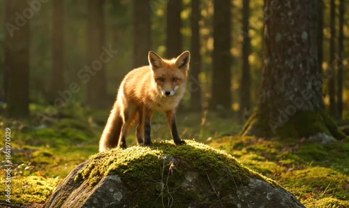 A red fox stands alert on a mossy rock in a sun-dappled forest, looking directly at the viewer.