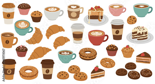 Colorful coffee and bakery collection with cakes, croissants, and donuts