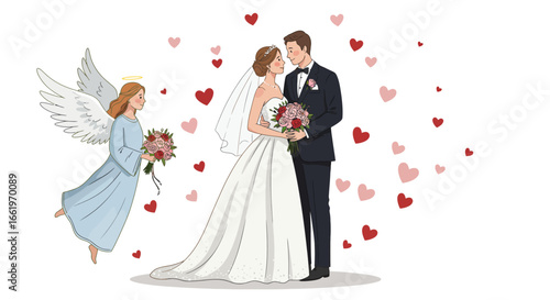 Romantic wedding scene with angel and newlyweds surrounded by hearts