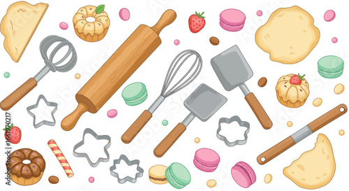Baking essentials with cookies and pastries in a cute pattern