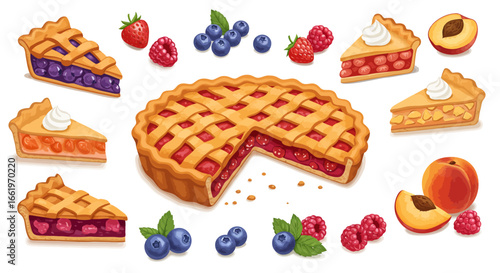 Assorted fruit pies with lattice crust and fresh berries on white background