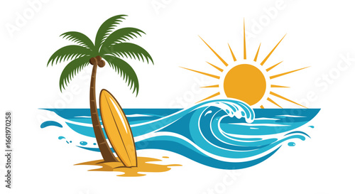 Tropical beach scene with surfboard, palm tree, and sunlit waves
