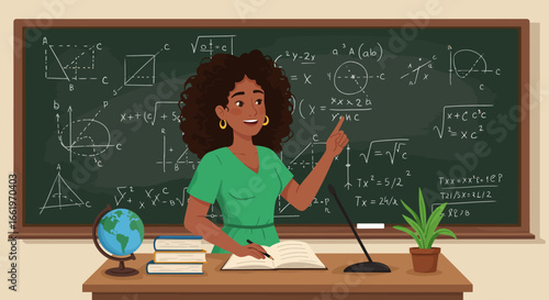 Teacher explaining math equations on blackboard in classroom setting