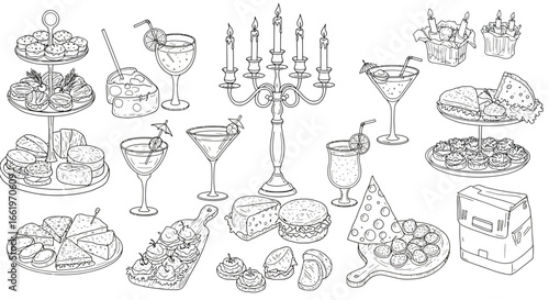 Elegant table setting with assorted appetizers and drinks in black and white line art
